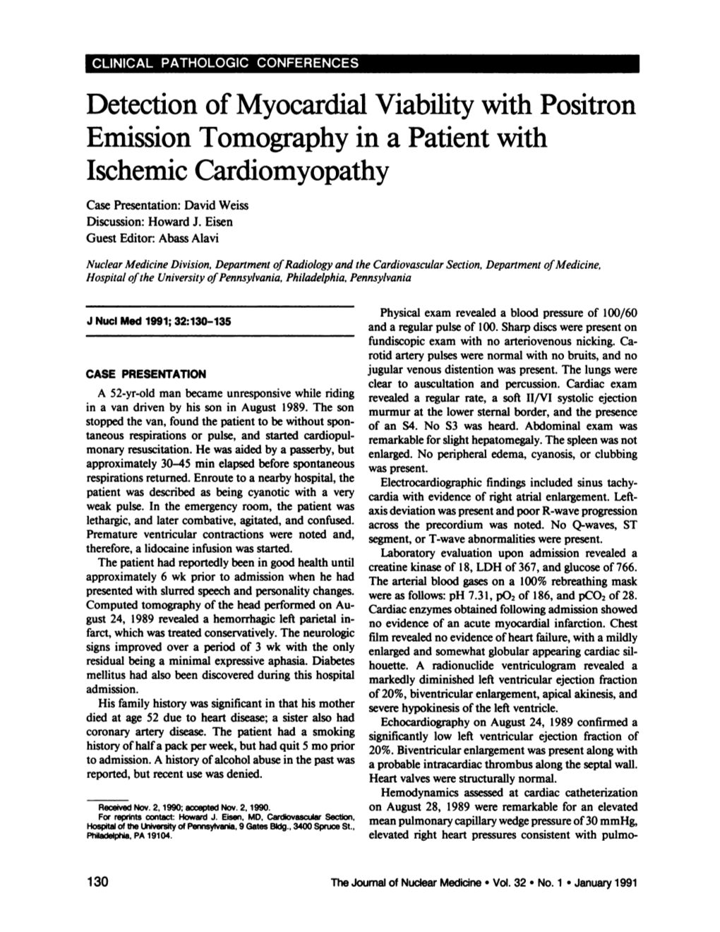 Detection of Myocardial Viability with Positron Emission Tomography in a Patient with Ischemic Cardiomyopathy