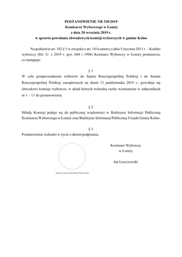 POSTANOWIENIE NR 330/2019 Komisarza Wyborczego W Łomży Z Dnia 20 Września 2019 R. W Sprawie Powołania Obwodowych Komisji Wyborczych W Gminie Kolno