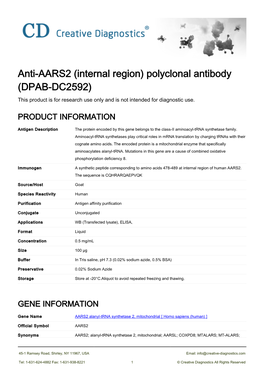 Anti-AARS2 (Internal Region) Polyclonal Antibody (DPAB-DC2592) This Product Is for Research Use Only and Is Not Intended for Diagnostic Use