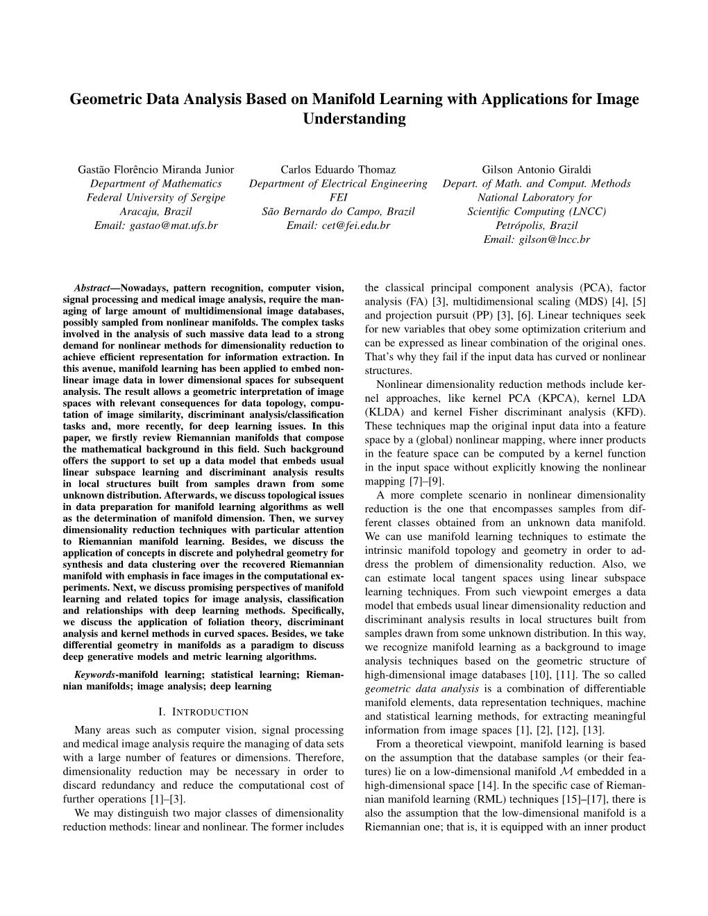 Geometric Data Analysis Based on Manifold Learning with Applications for Image Understanding