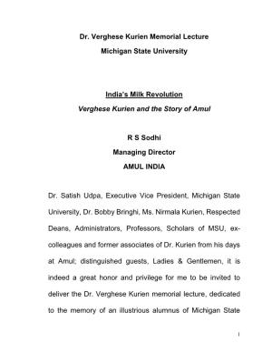 Dr. Verghese Kurien Memorial Lecture Michigan State University India's