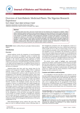 Overview of Anti-Diabetic Medicinal Plants: the Nigerian Research Experience Paul C