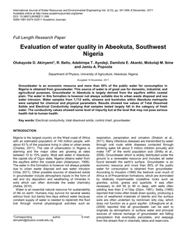 Statistical Evaluation of Water Quality in Abeokuta, Southwest Nigeria