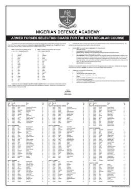Nigerian Defence Academy Armed Forces Selection Board for the 67Th Regular Course
