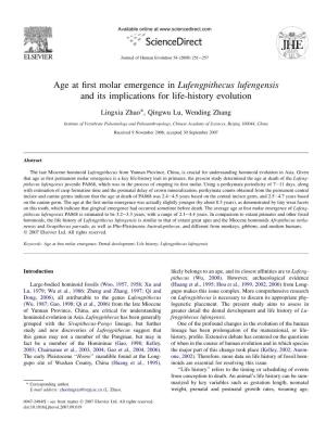 Age at First Molar Emergence in Lufengpithecus Lufengensis and Its