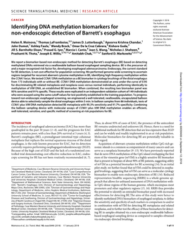 Identifying DNA Methylation Biomarkers for Non-Endoscopic Detection of Barrett's Esophagus Helen R