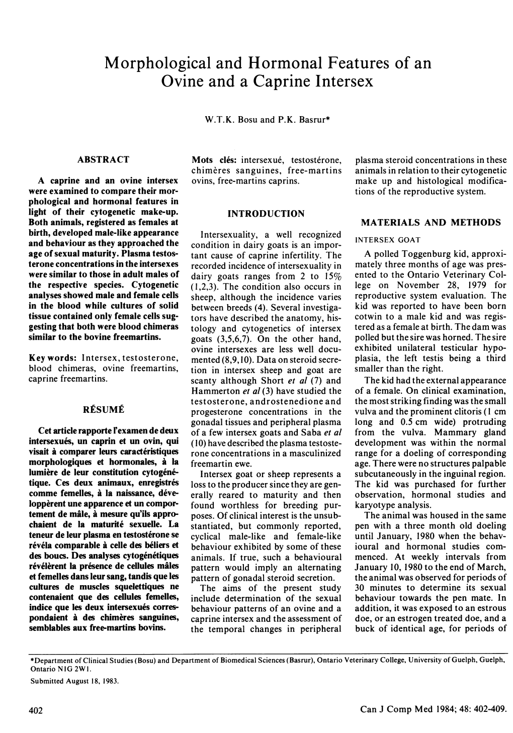 Morphological and Hormonal Features of an Ovine and a Caprine Intersex