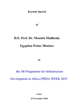 Keynote Speech of H.E. Prof. Dr. Mostafa Madbouly Egyptian Prime Minister at the 5Th PIDA Week