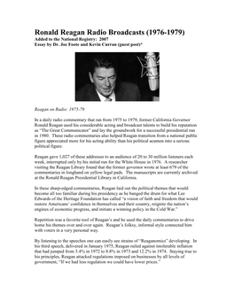 Ronald Reagan Radio Broadcasts (1976-1979) Added to the National Registry: 2007 Essay by Dr