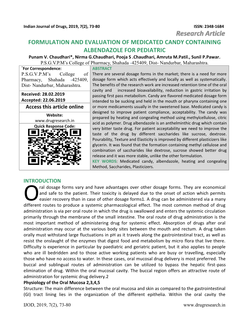 FORMULATION and EVALUATION of MEDICATED CANDY CONTAINING ALBENDAZOLE for PEDIATRIC Punam V