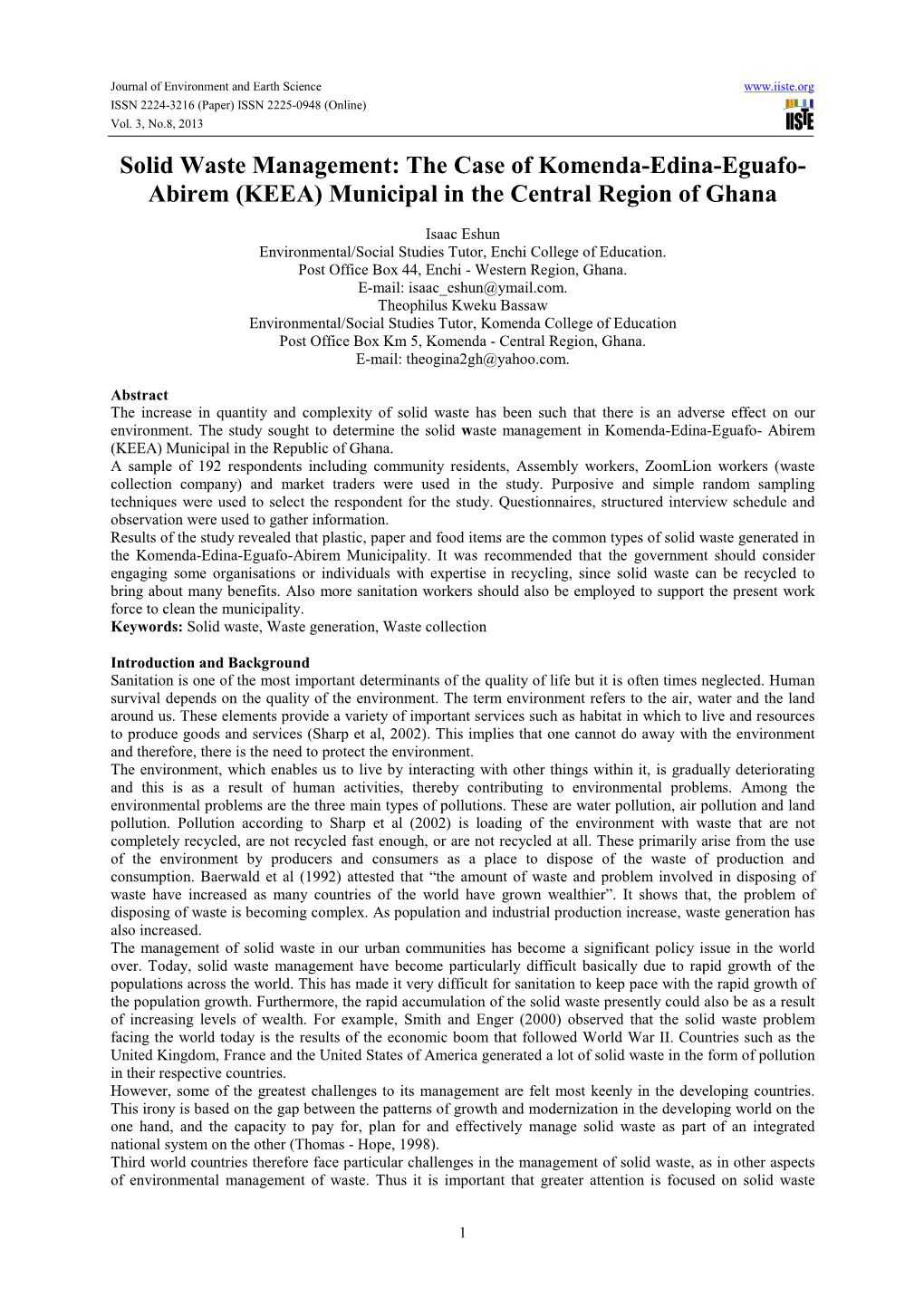 Solid Waste Management: the Case of Komenda-Edina-Eguafo- Abirem (KEEA) Municipal in the Central Region of Ghana