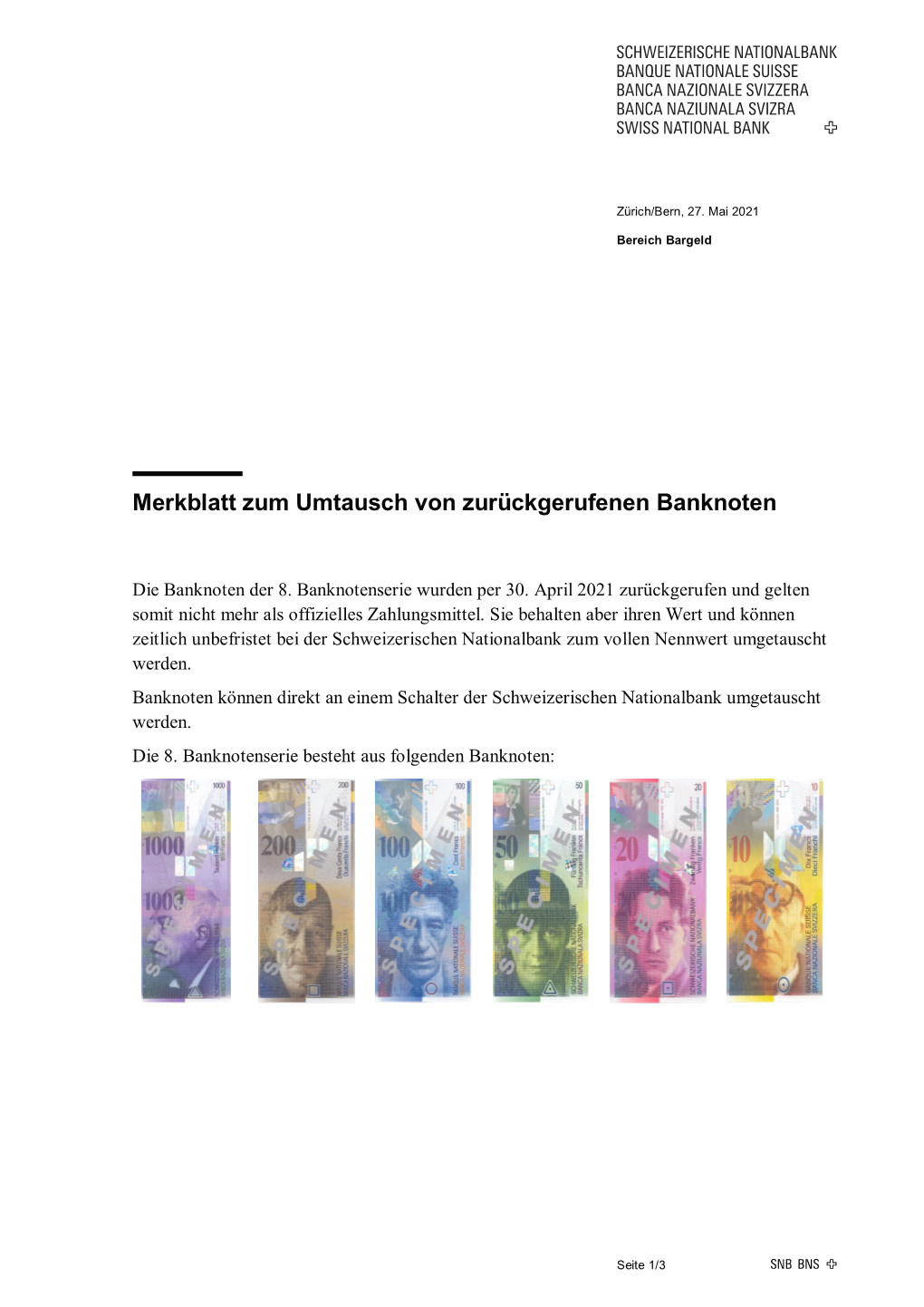 Merkblatt Zum Umtausch Von Zurückgerufenen Banknoten