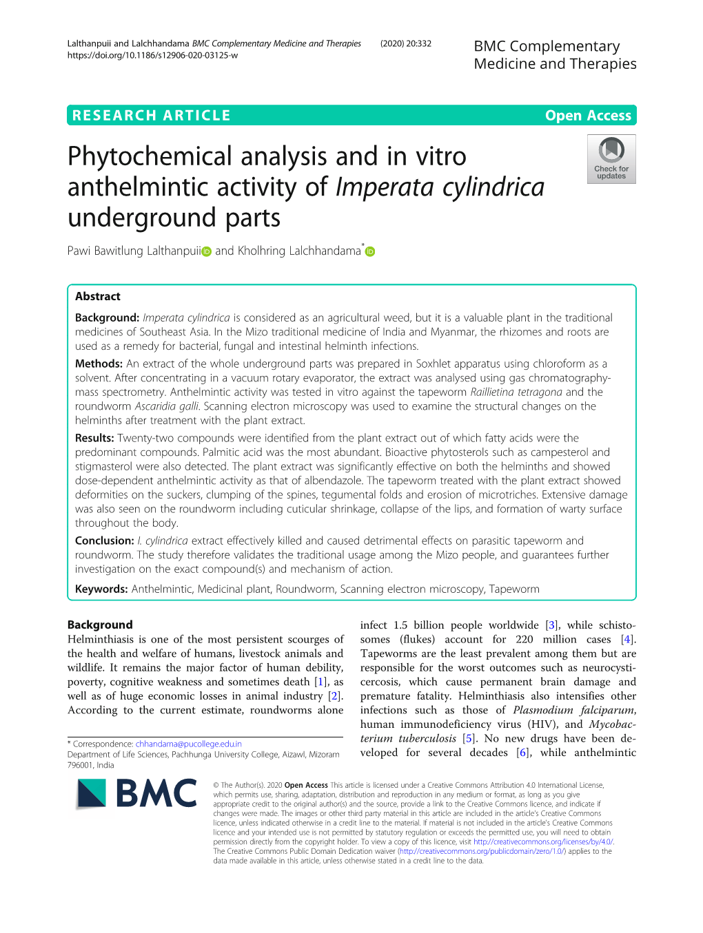 Phytochemical Analysis and in Vitro Anthelmintic Activity of Imperata Cylindrica Underground Parts Pawi Bawitlung Lalthanpuii and Kholhring Lalchhandama*