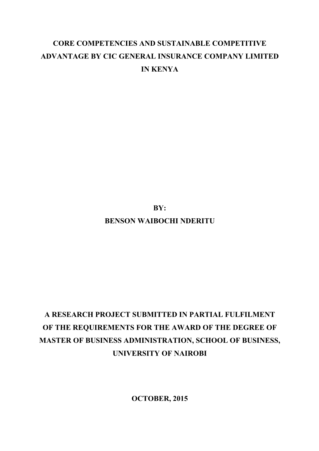 Core Competencies and Sustainable Competitive Advantage by Cic General Insurance Company Limited in Kenya