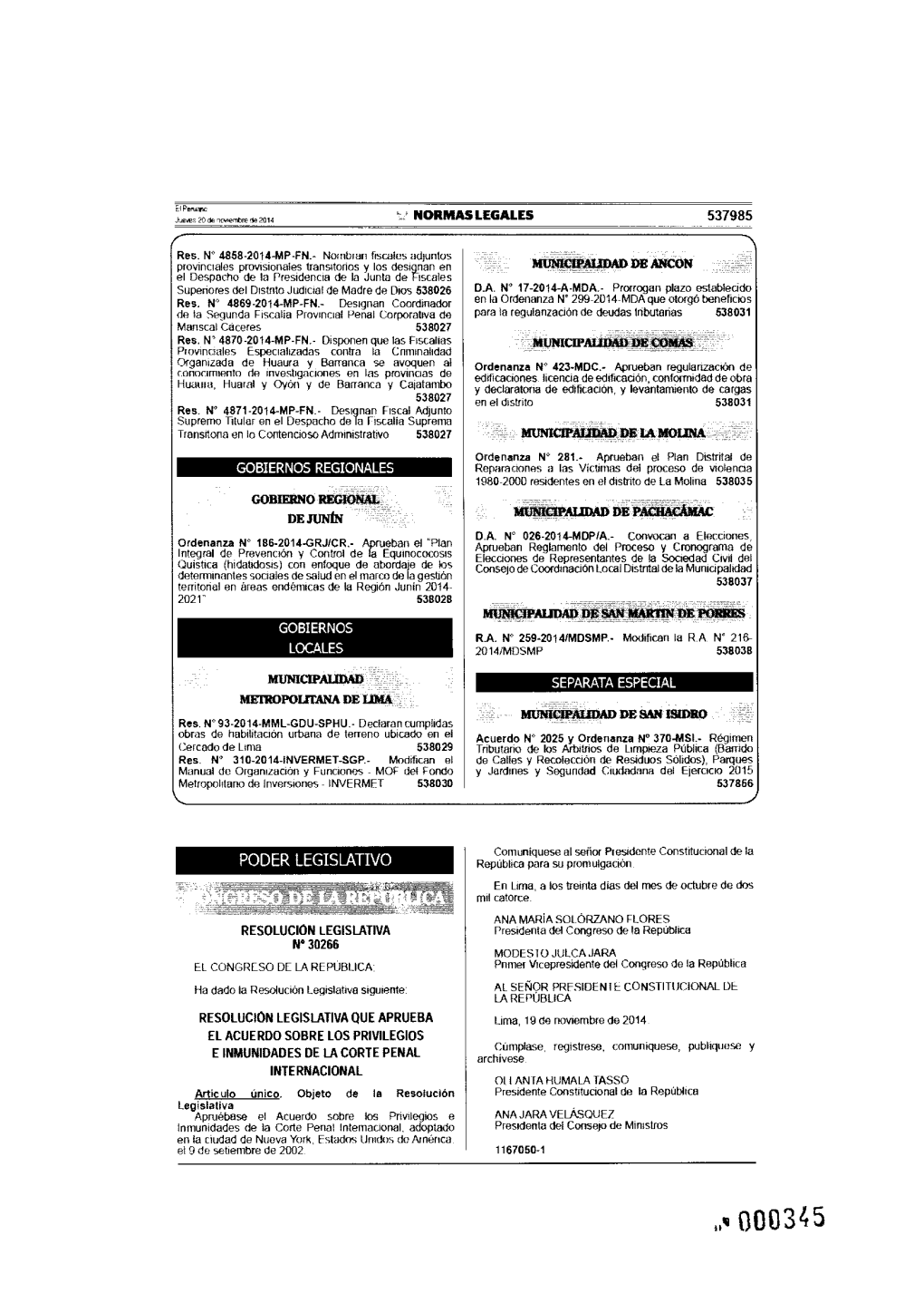 O% 0130345 EL CONGRESO DE LA REPÚBLICA; Ha Dado La Resolución Legislativa Siguiente