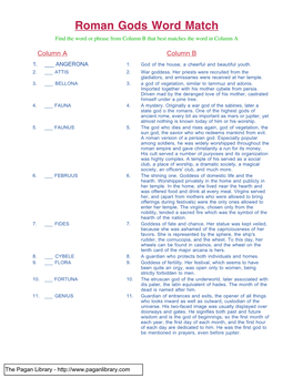 Roman Gods Word Match Find the Word Or Phrase from Column B That Best Matches the Word in Column A