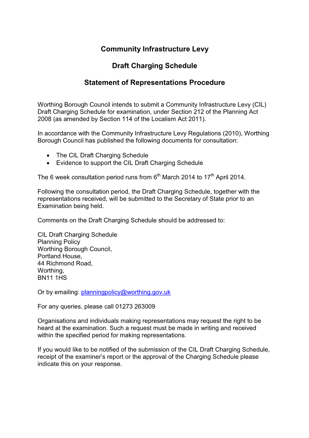 Community Infrastructure Levy Draft Charging Schedule Statement Of