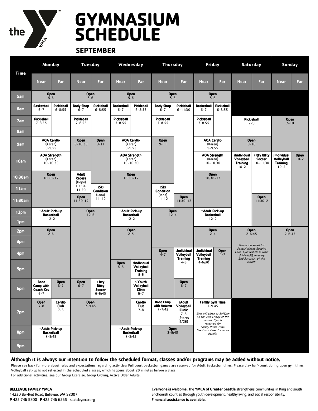 Gymnasium Schedule September