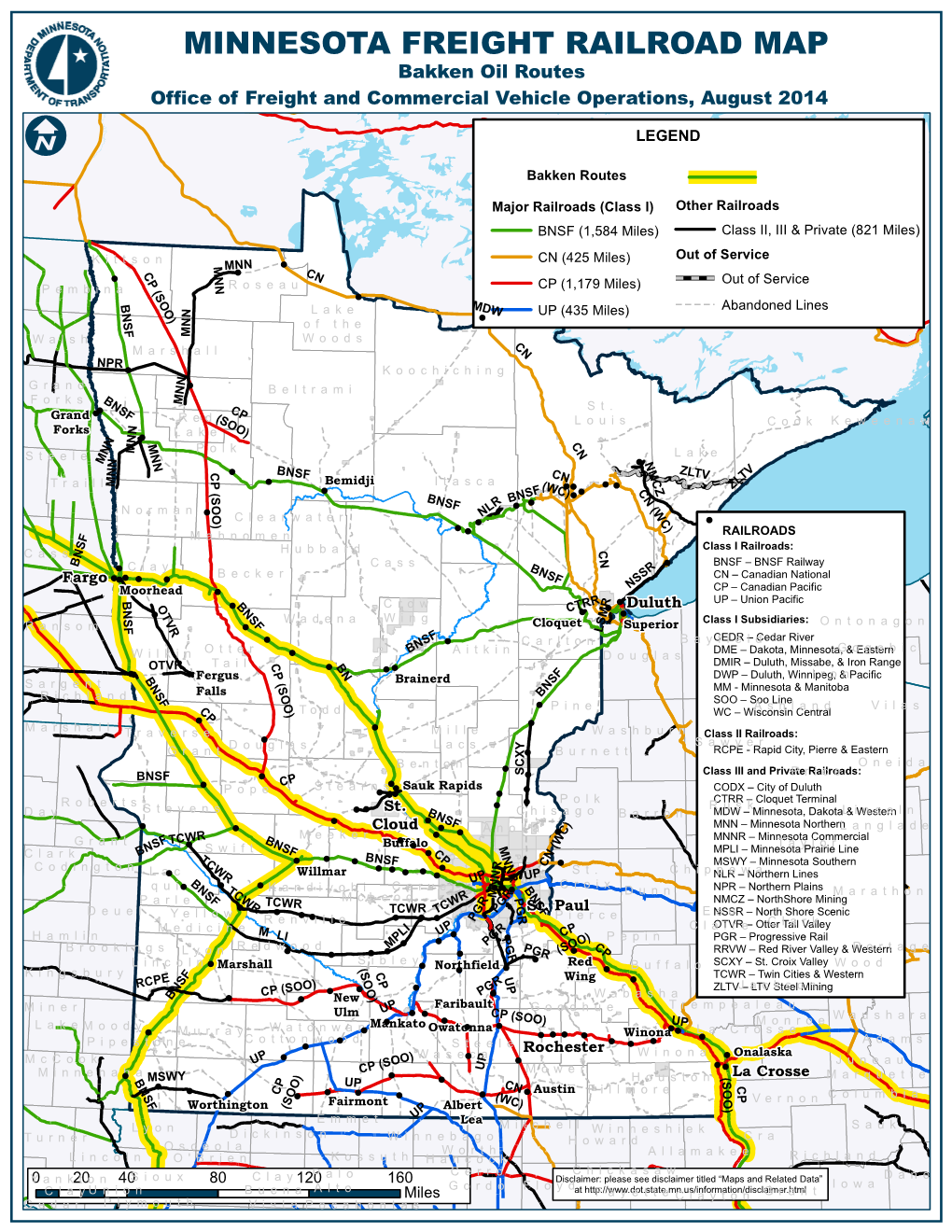 MINNESOTA FREIGHT RAILROAD MAP Bakken Oil Routes Office of Freight and Commercial Vehicle Operations, August 2014 I LEGEND Bakken Routes