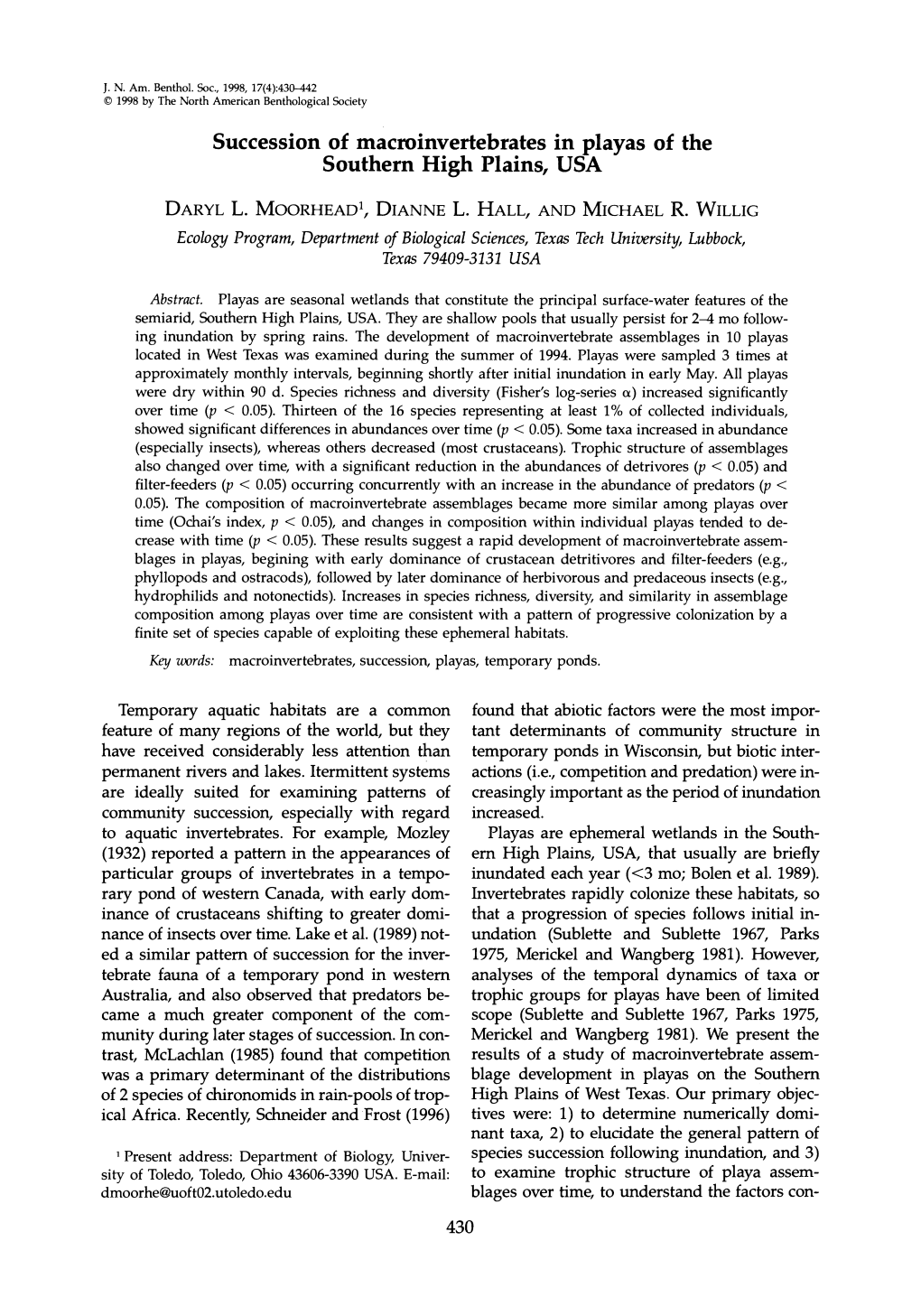 Succession of Macroinvertebrates in Playas of the Southern High Plains, USA