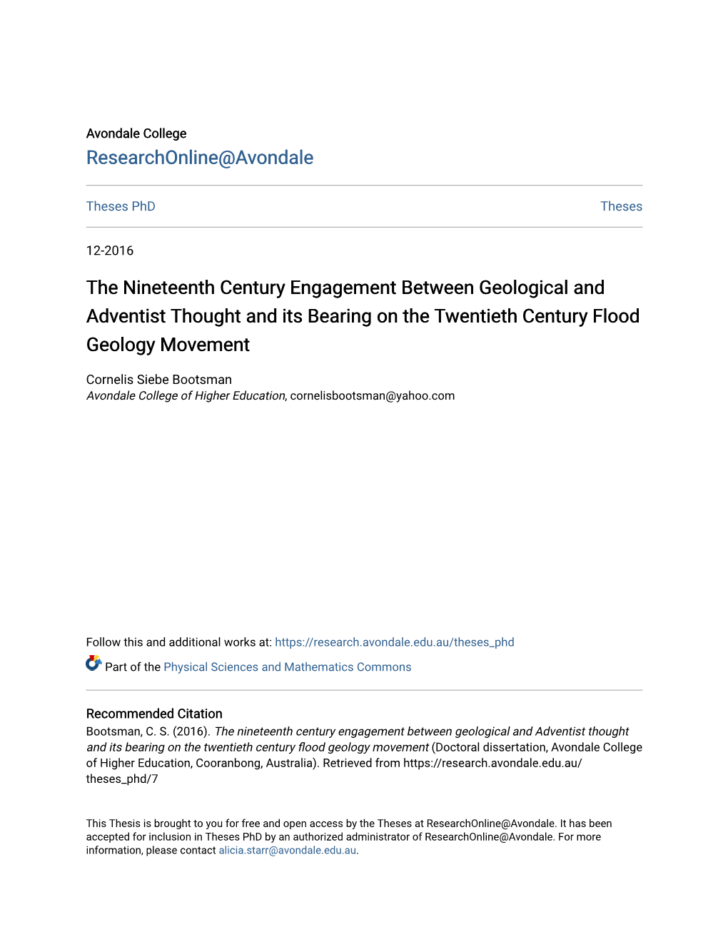 The Nineteenth Century Engagement Between Geological and Adventist Thought and Its Bearing on the Twentieth Century Flood Geology Movement