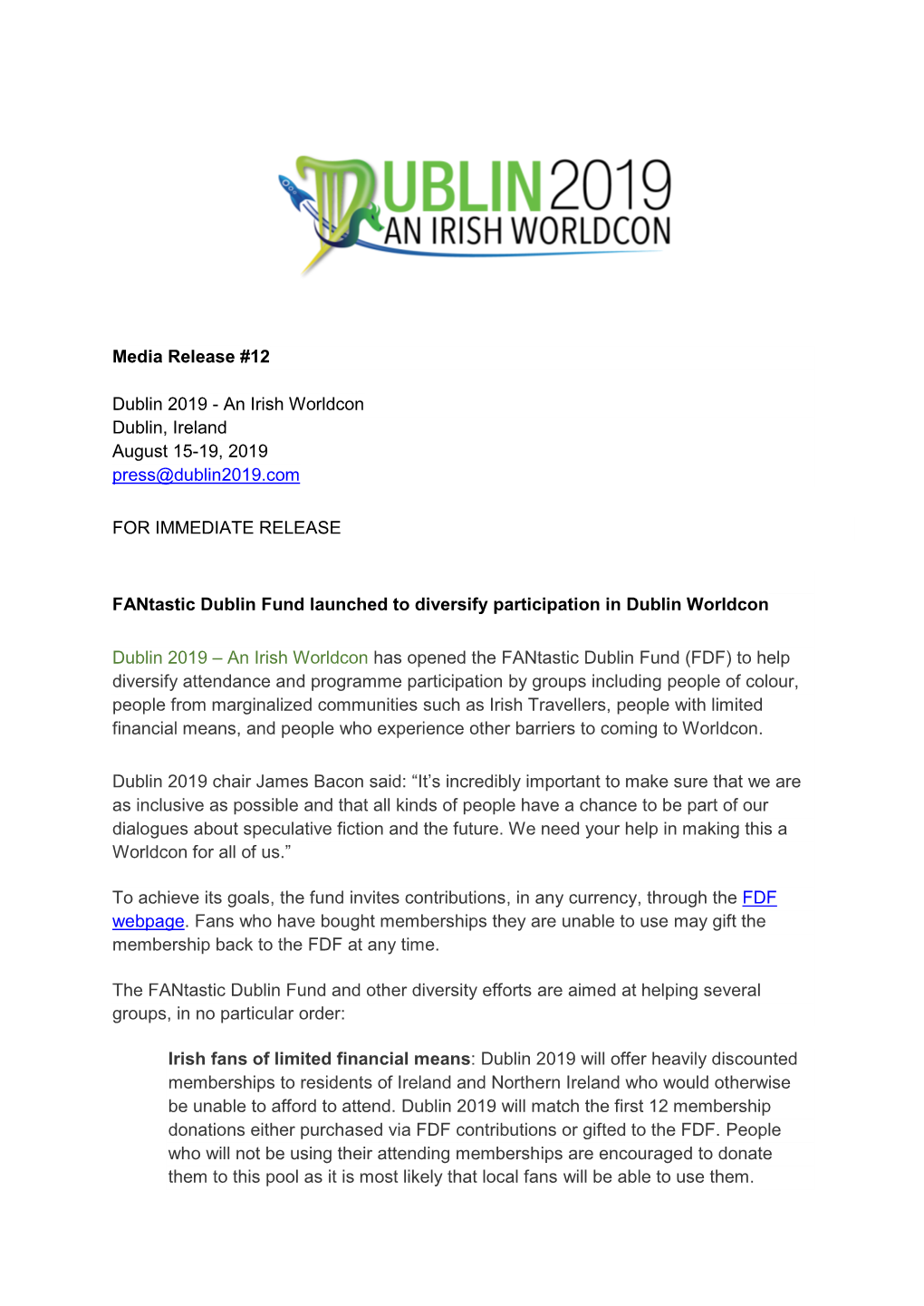 Media Release #12 Dublin 2019