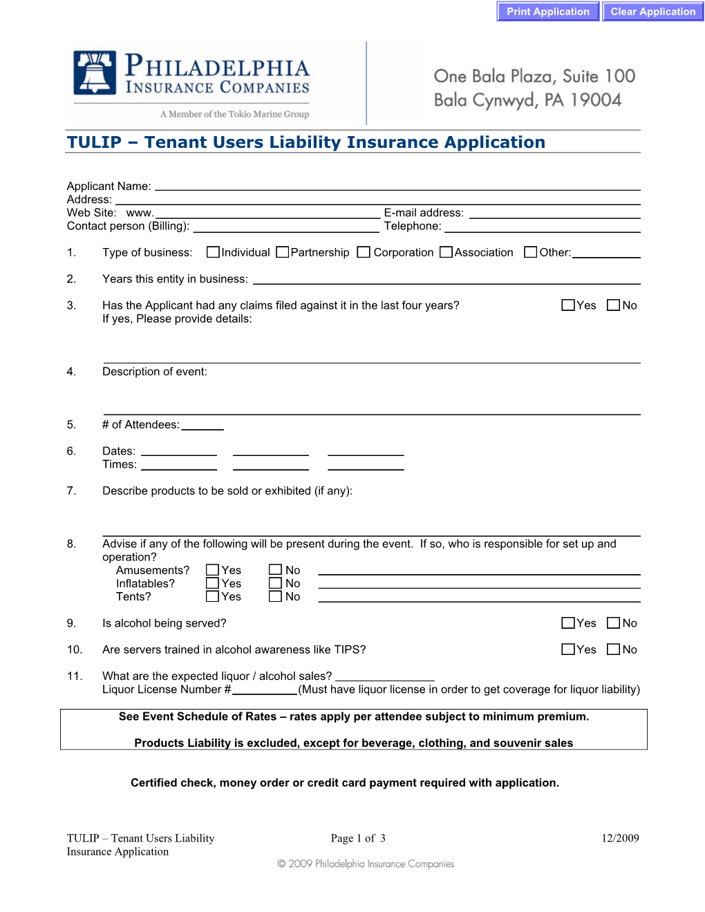 Tenant Users Liability Insurance Application