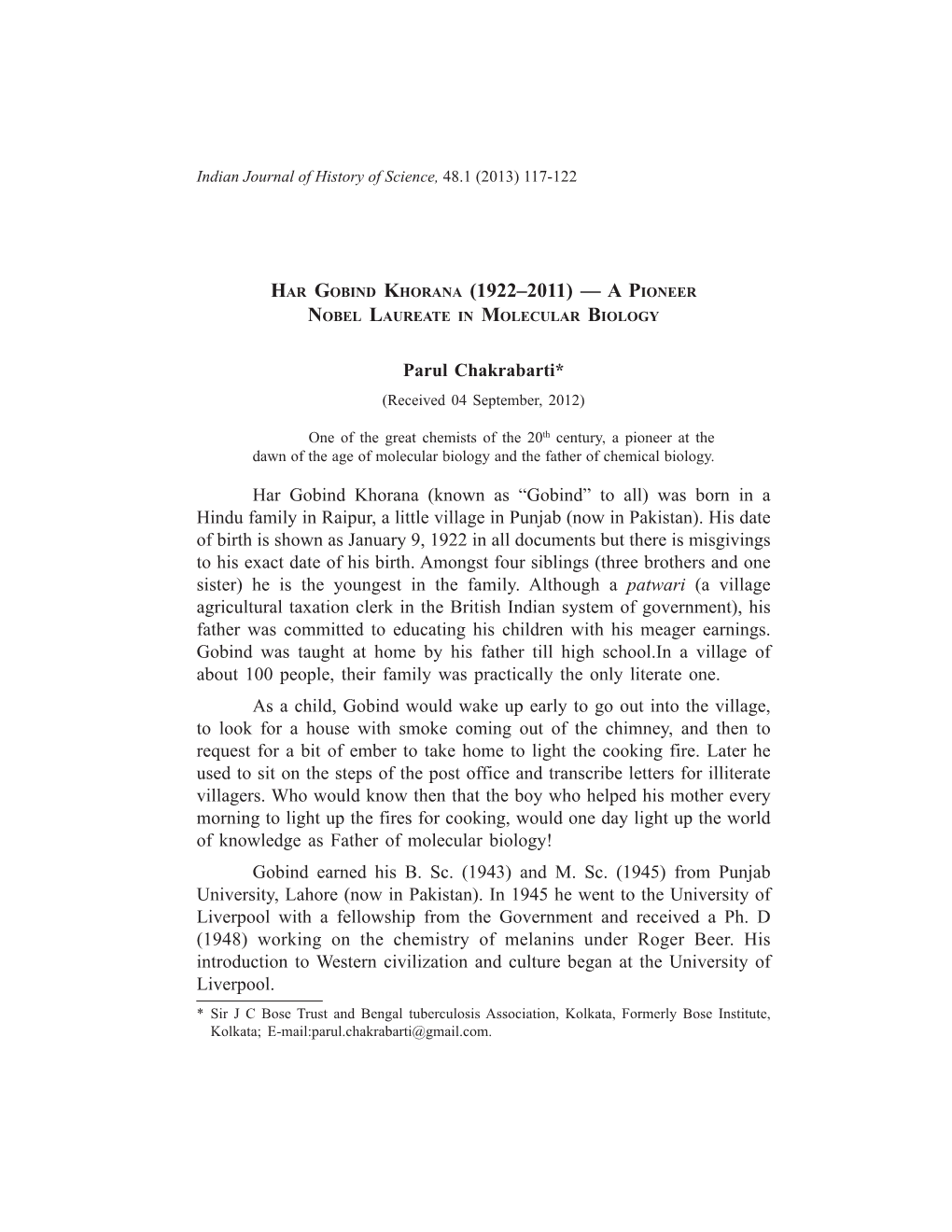 Har Gobind Khorana (1922–2011) — a Pioneer Nobel Laureate in Molecular Biology