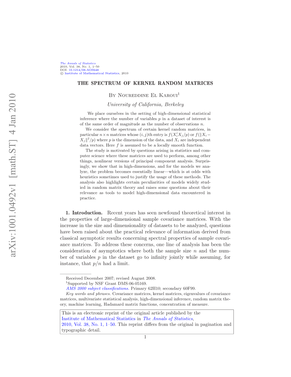 The Spectrum of Kernel Random Matrices