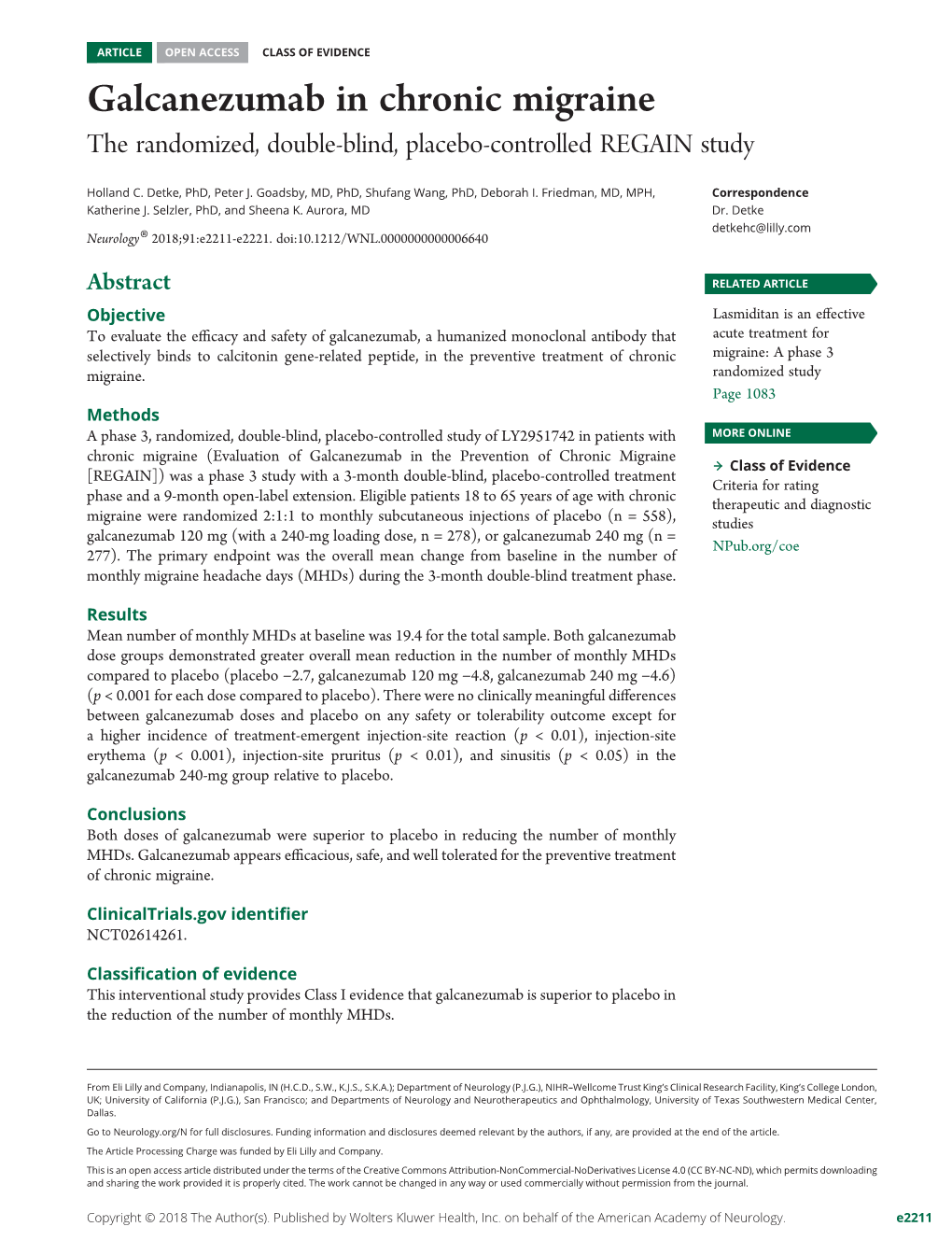 Galcanezumab in Chronic Migraine the Randomized, Double-Blind, Placebo-Controlled REGAIN Study