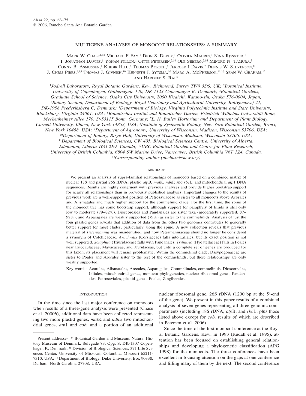 Multigene Analyses of Monocot Relationships: a Summary