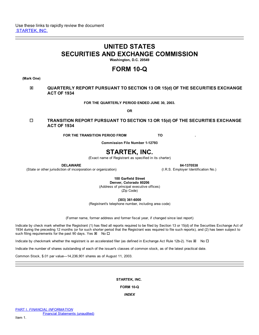 United States Securities and Exchange Commission Form 10-Q Startek, Inc