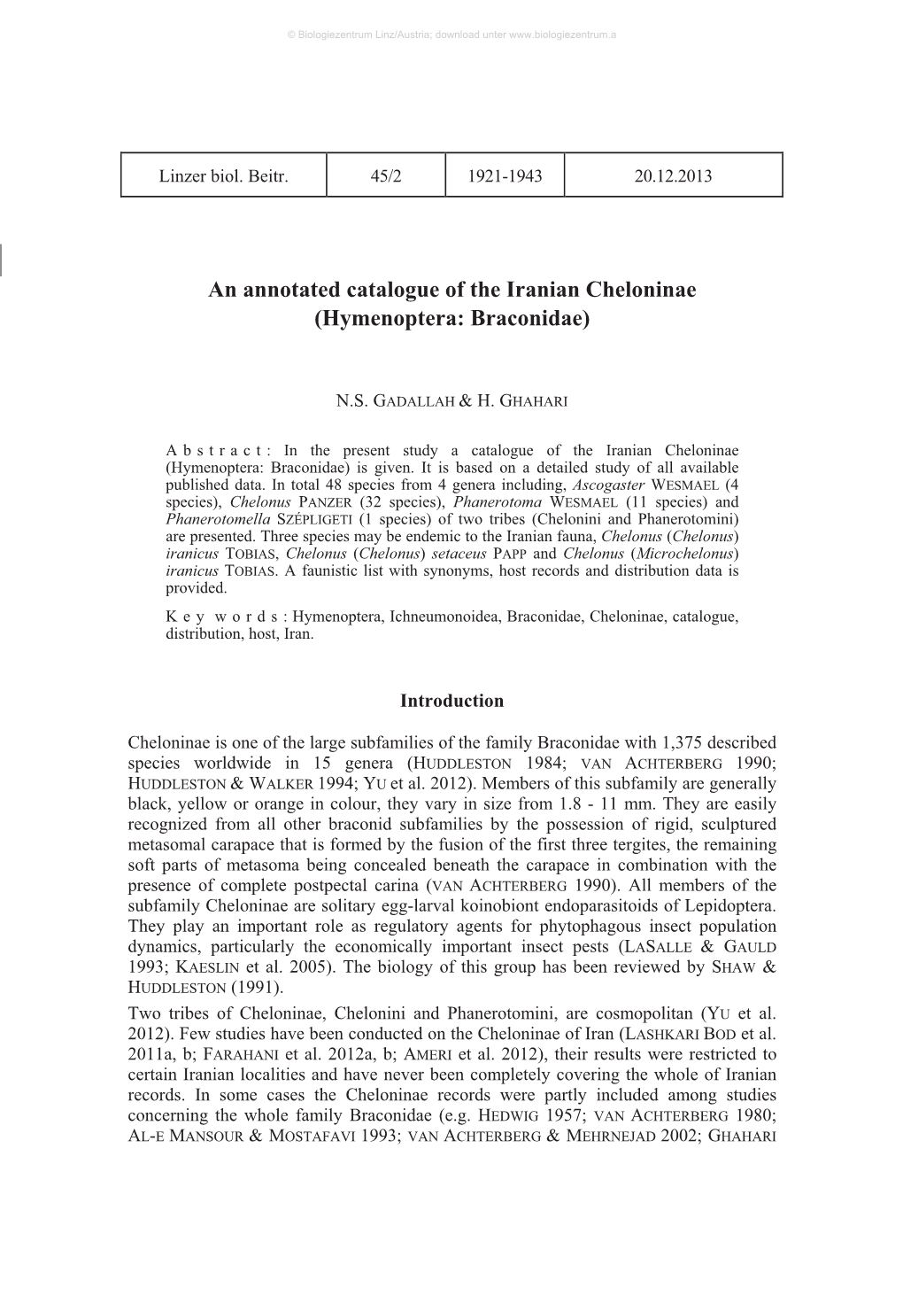 An Annotated Catalogue of the Iranian Cheloninae (Hymenoptera: Braconidae)