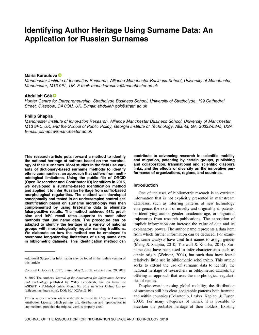 Identifying Author Heritage Using Surname Data: an Application for Russian Surnames