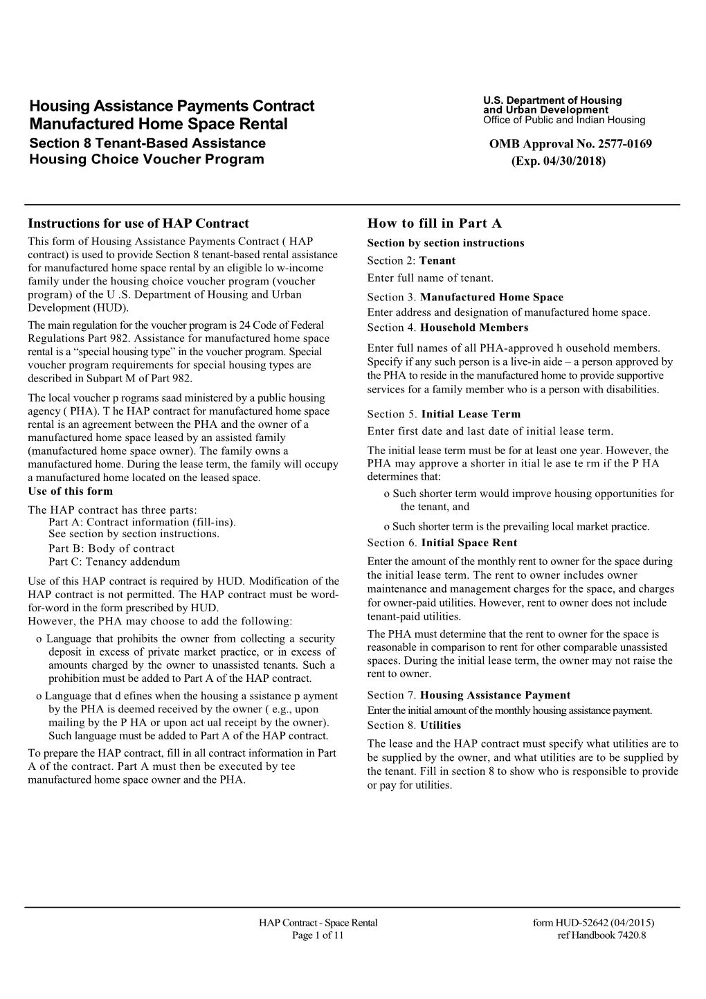 Manufactured Home Space Rental Office of Public and Indian Housing Section 8 Tenant-Based Assistance OMB Approval No