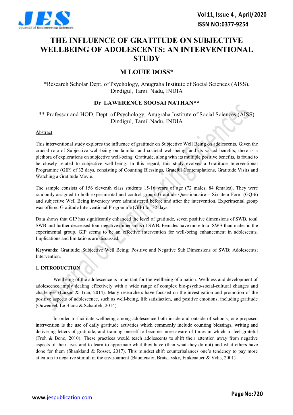 The Influence of Gratitude on Subjective Wellbeing of Adolescents: an Interventional