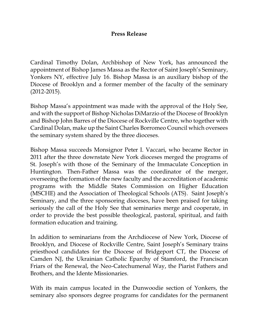 Press Release Cardinal Timothy Dolan, Archbishop of New York