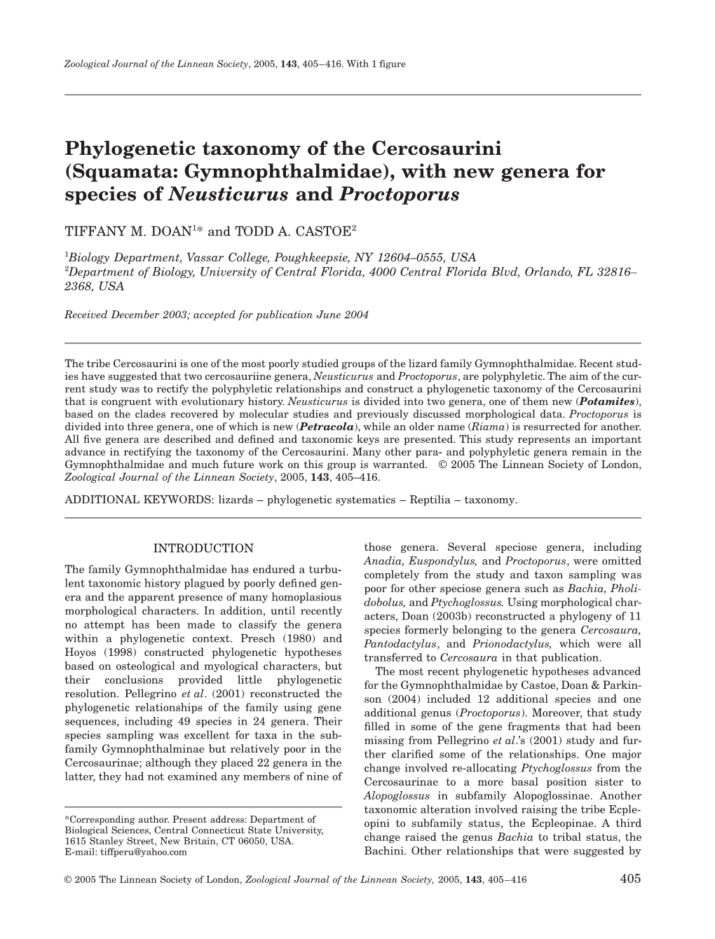 Phylogenetic Taxonomy of the Cercosaurini (Squamata: Gymnophthalmidae), with New Genera for Species of Neusticurus and Proctoporus