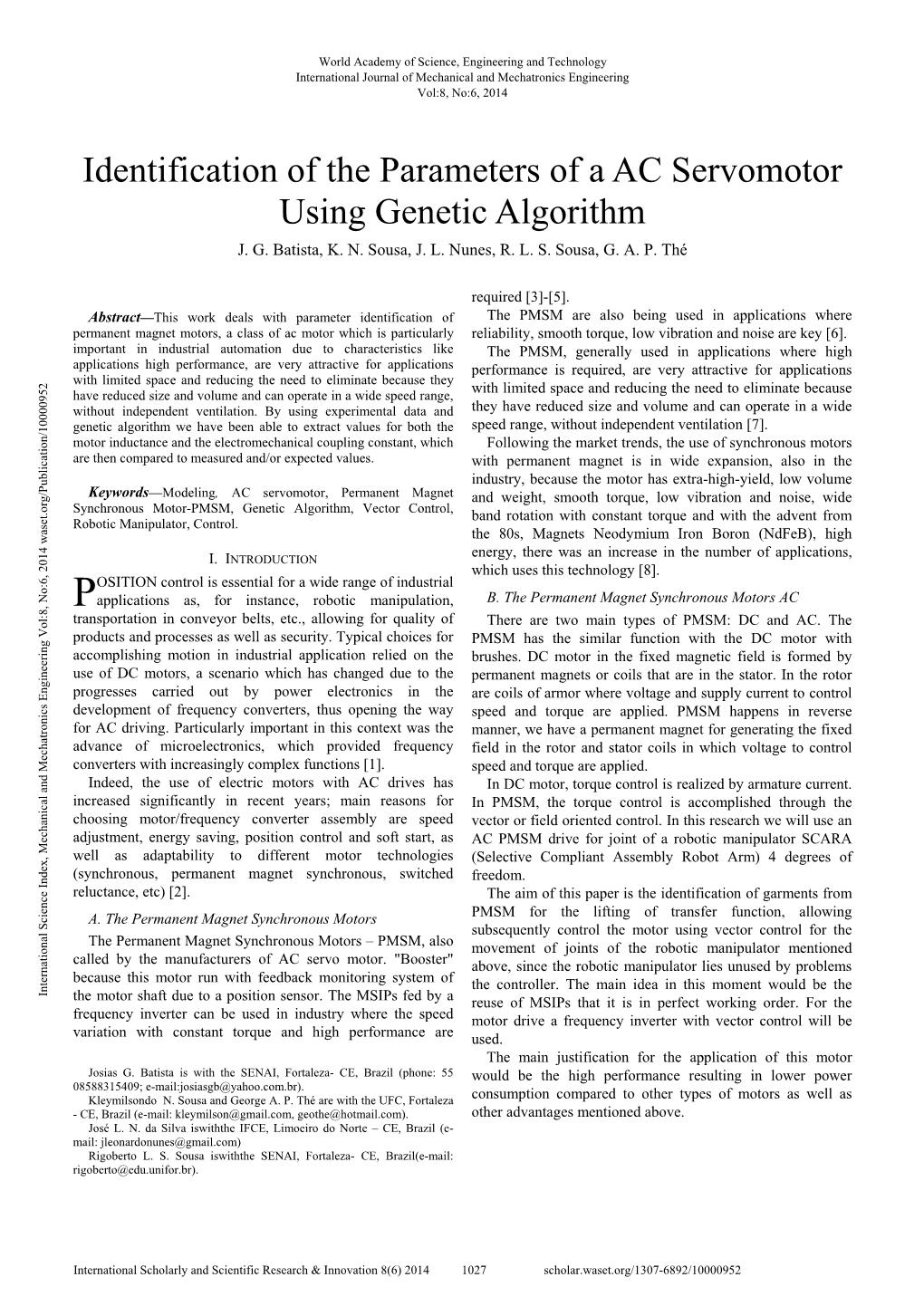 Identification of the Parameters of a AC Servomotor Using Genetic Algorithm J