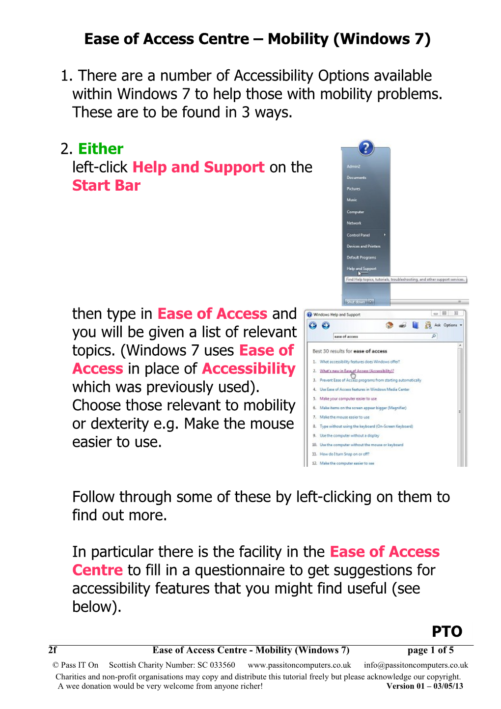 Ease of Access Centre – Mobility (Windows 7)