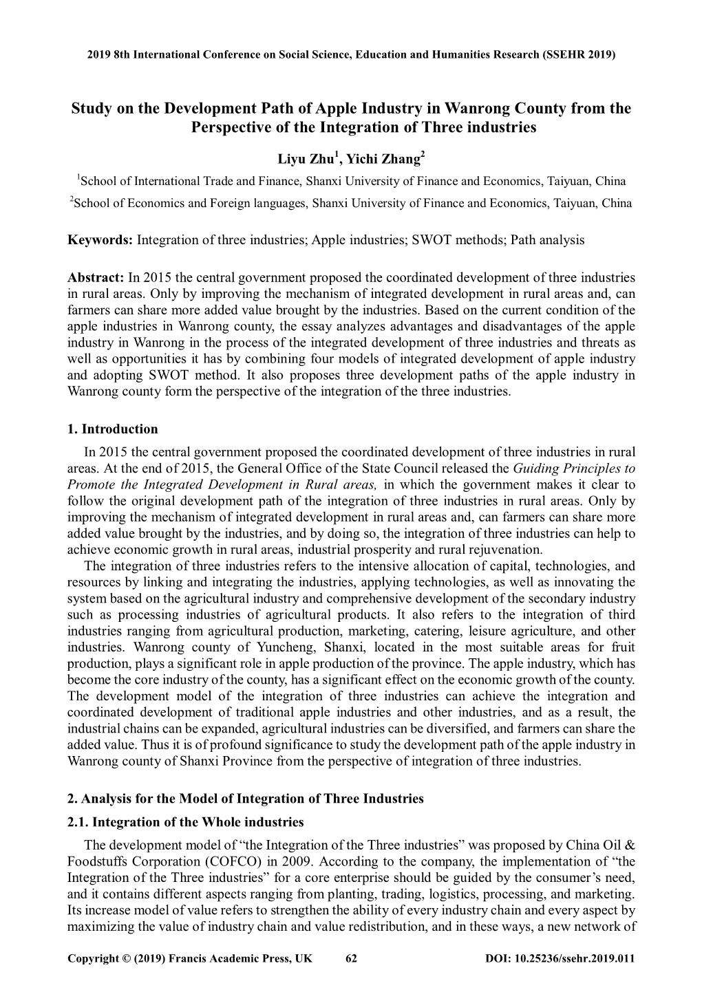 Study on the Development Path of Apple Industry in Wanrong County from the Perspective of the Integration of Three Industries