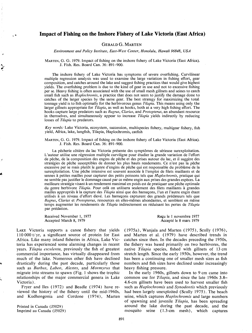 Impact of Fishing on the Inshore Fishery of Lake Victoria (East Africa)