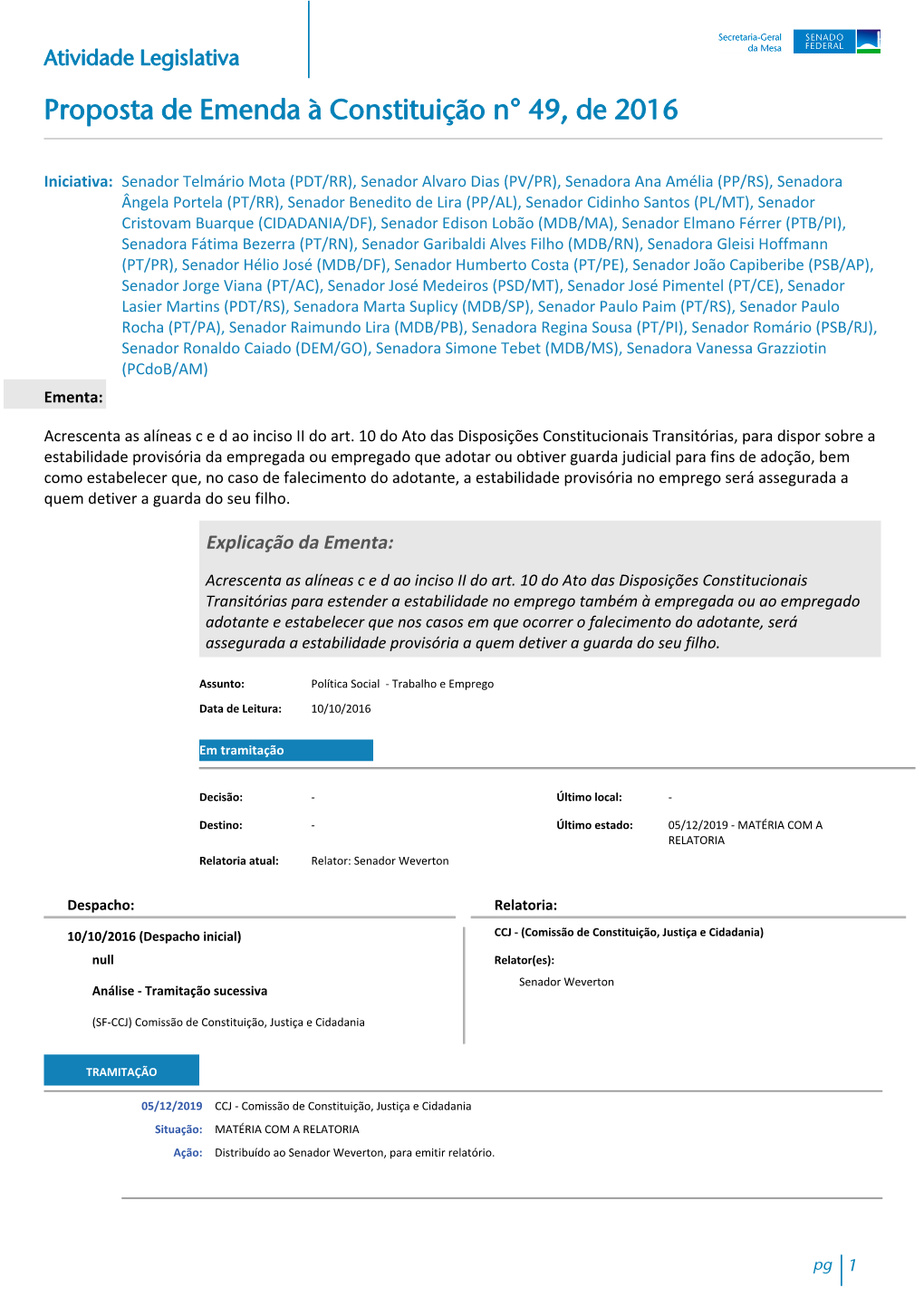 Proposta De Emenda À Constituição N° 49, De 2016