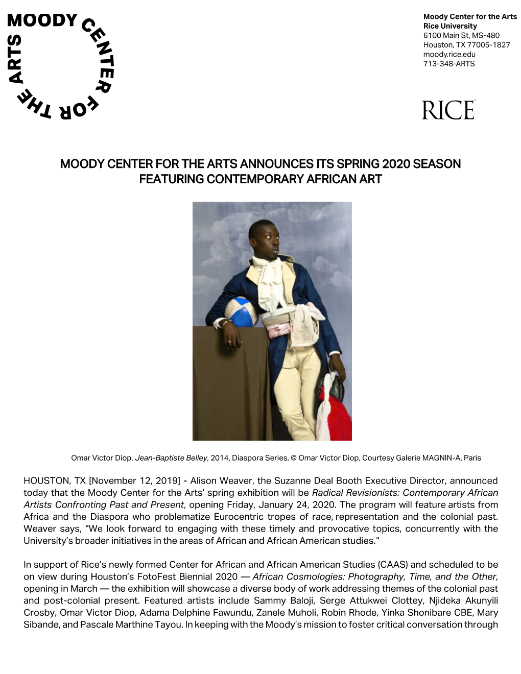 Moody Center for the Arts Announces Its Spring 2020 Season Featuring Contemporary African Art