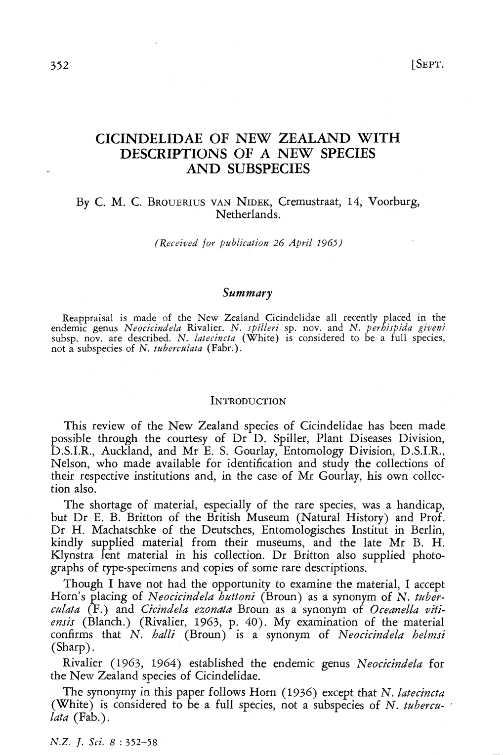 Cicindelidae of New Zealand with Descriptions of a New Species and Subspecies