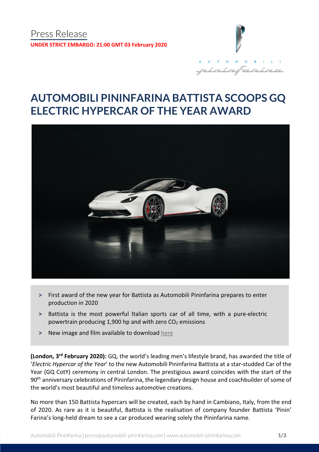 Automobili Pininfarina Battista Scoops Gq Electric Hypercar of the Year Award