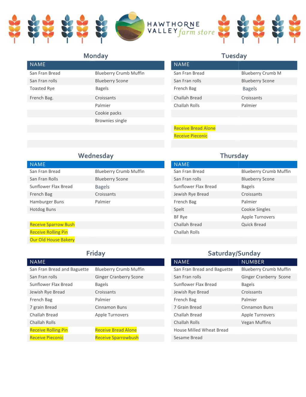 Bakery Schedule