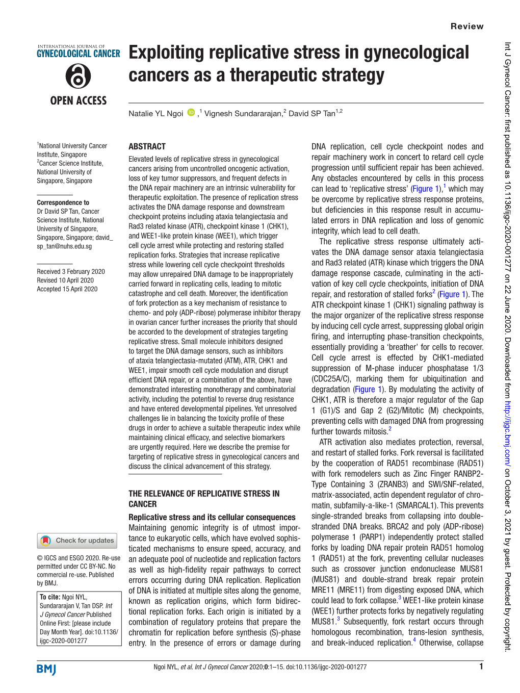 Exploiting Replicative Stress in Gynecological Cancers As a Therapeutic Strategy