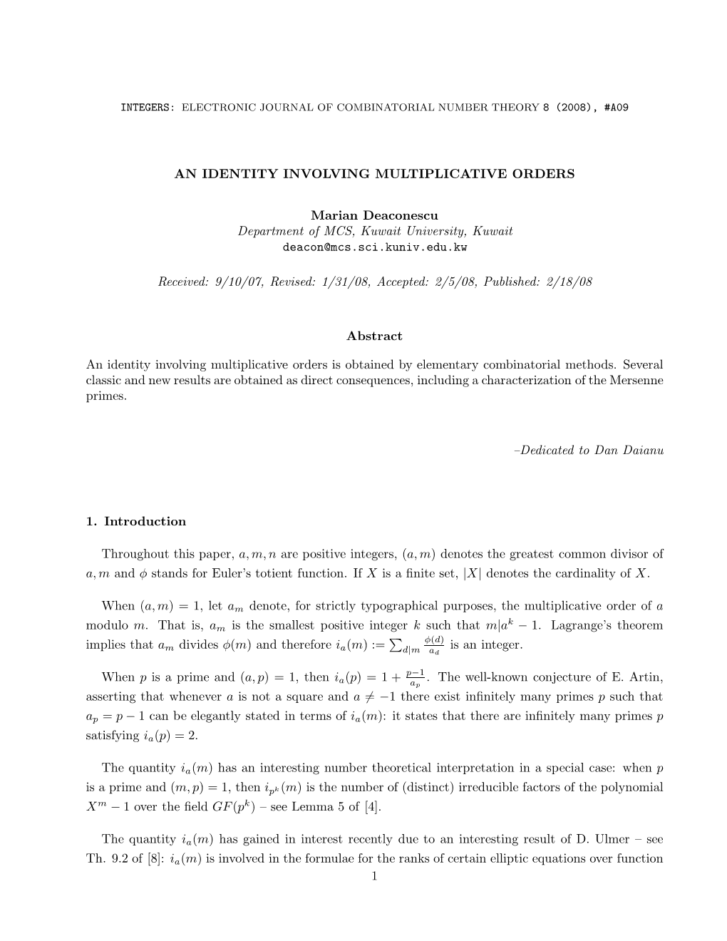 AN IDENTITY INVOLVING MULTIPLICATIVE ORDERS Marian