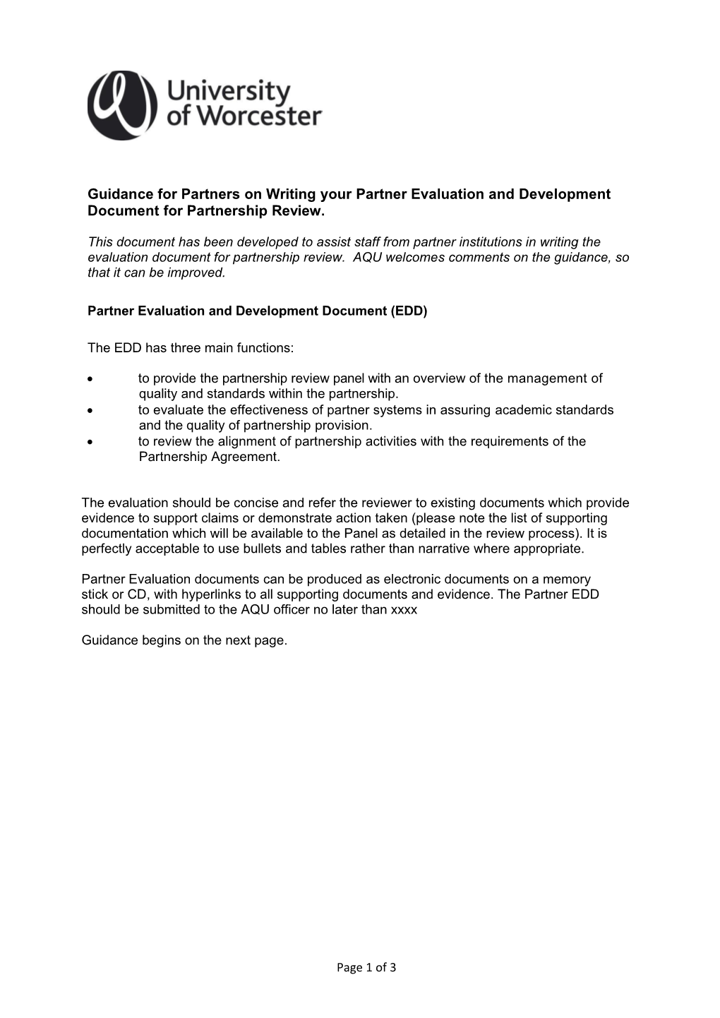 Partner Evaluation and Development Document (EDD)